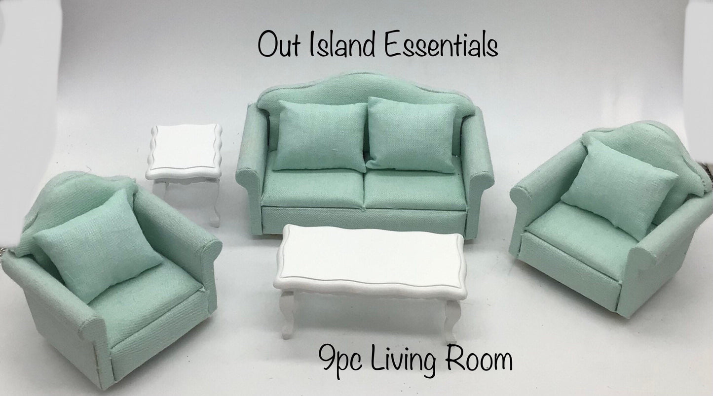 9 Pc. Dollhouse Miniature Living Room Set | Miniature 1:12 Scale Furniture | Dollhouse Accessories | Miniature Accent Pillows And Tables