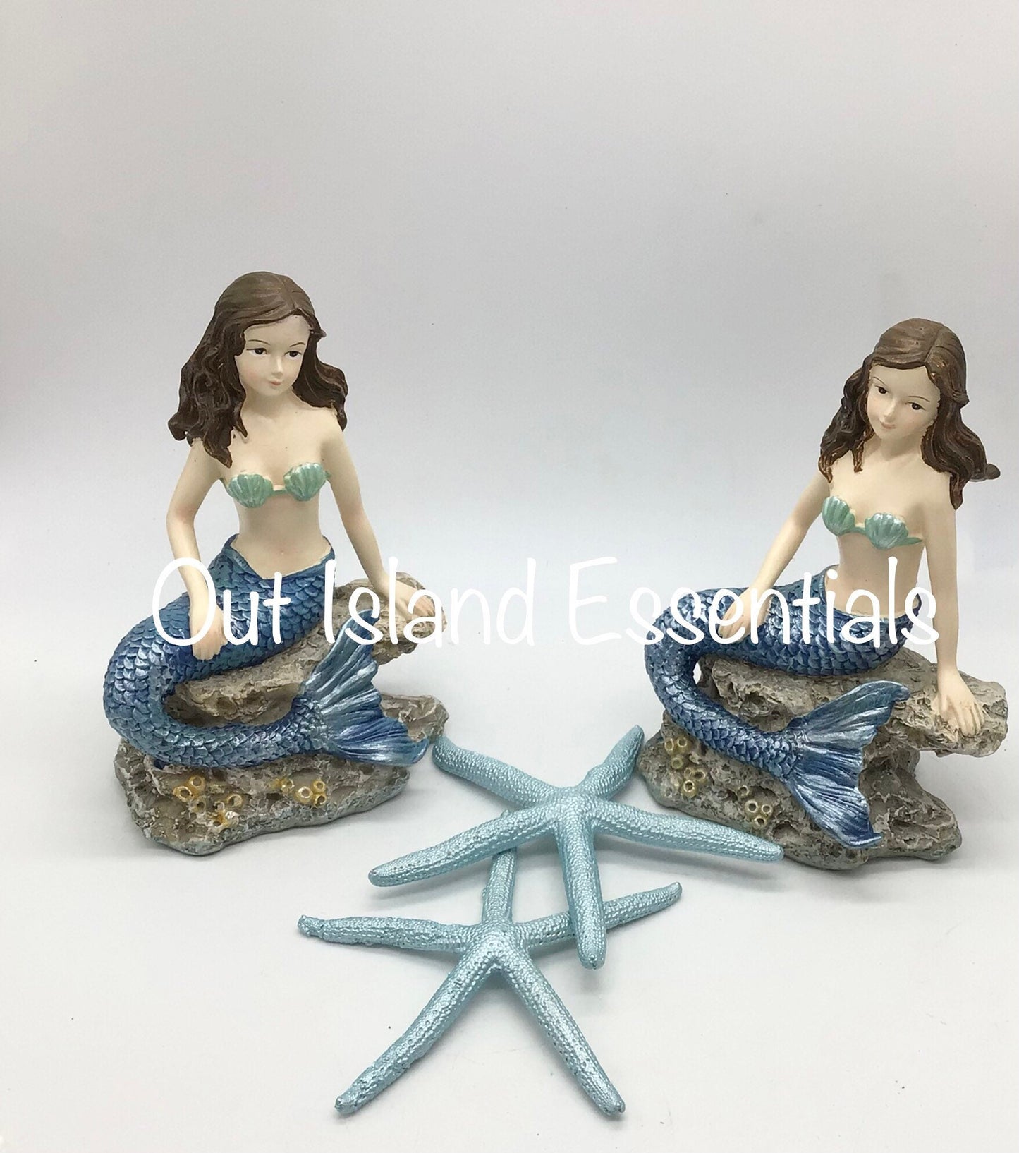 Little Blonde Or Brunette Mermaid Statue, Mermaid On Rock, Mini Mermaid Statues