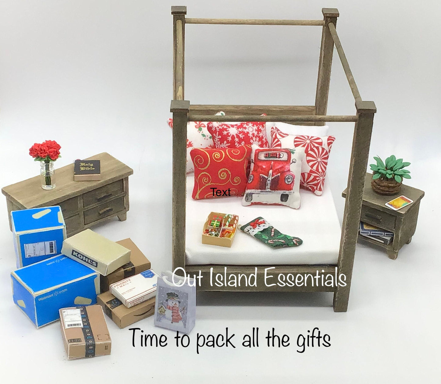 6 Pc. Miniature Wood Double Bedroom Set I Dollhouse Miniature Furniture I Miniature 1:12 Scale Wood Look Bed I Miniature Four Poster Bed