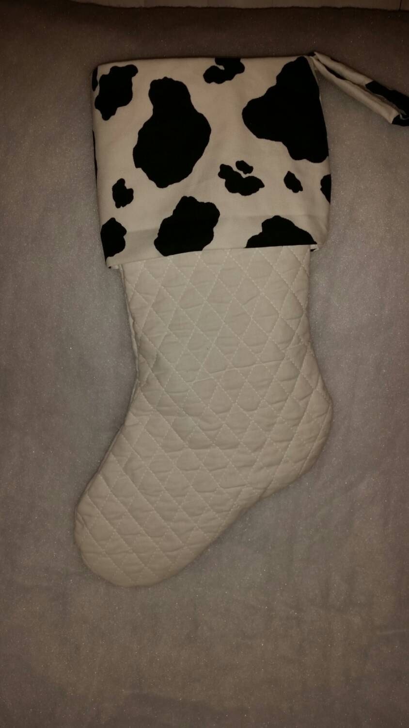 MOO-ey Christmas! Quilted Christmas Stocking with Cow Print Cuff, Cow Christmas Stocking, Animal Print Christmas Stocking
