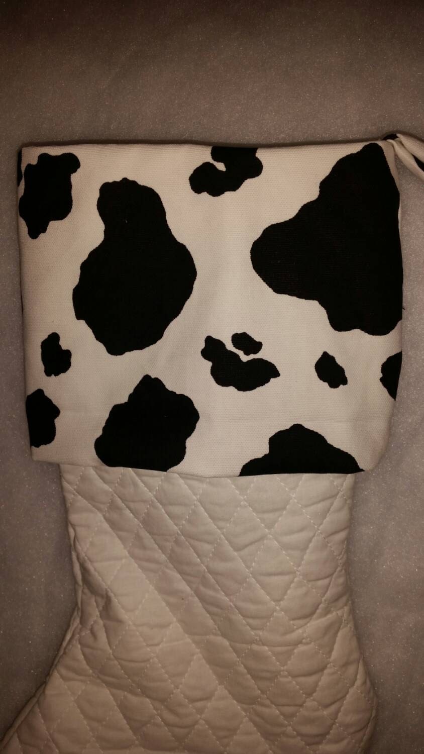 MOO-ey Christmas! Quilted Christmas Stocking with Cow Print Cuff, Cow Christmas Stocking, Animal Print Christmas Stocking