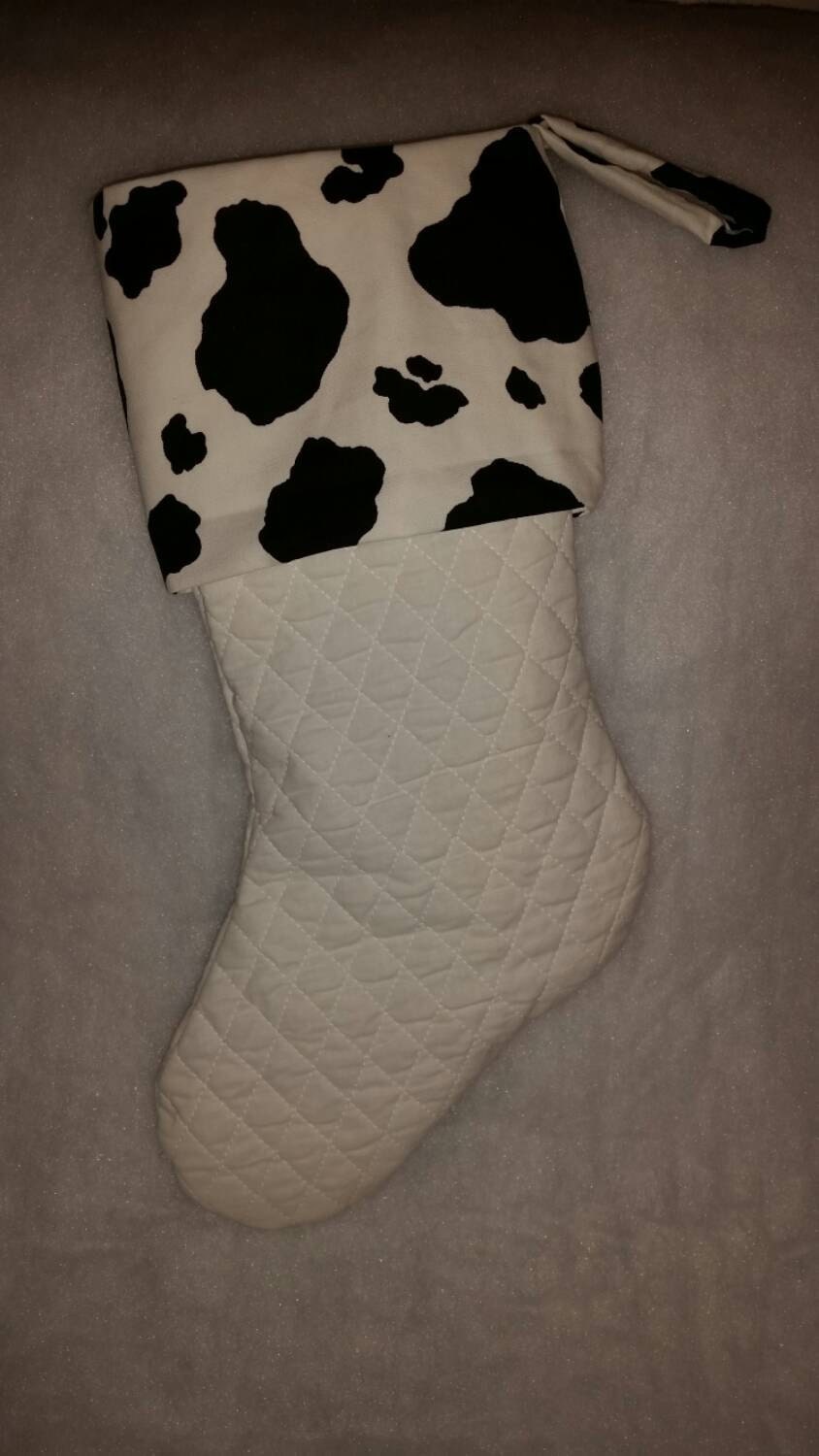 MOO-ey Christmas! Quilted Christmas Stocking with Cow Print Cuff, Cow Christmas Stocking, Animal Print Christmas Stocking