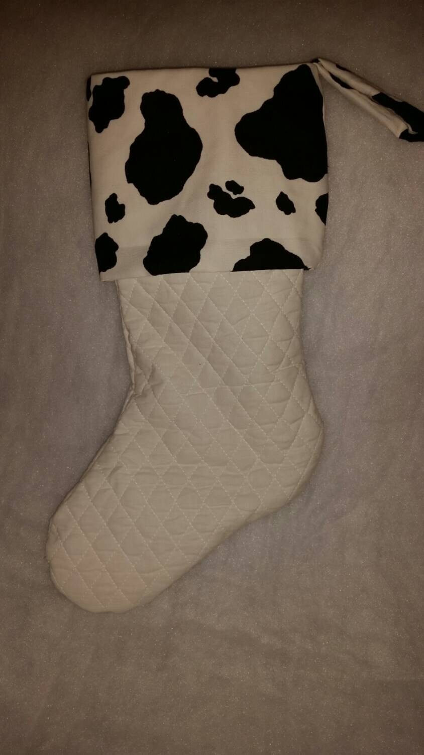 MOO-ey Christmas! Quilted Christmas Stocking with Cow Print Cuff, Cow Christmas Stocking, Animal Print Christmas Stocking