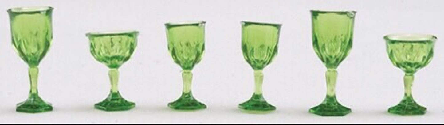 Miniature Stemware Glasses Set Of 6 | Dollhouse Green Cut Glasses I Miniature Doll Glasses I 1:12 Scale Dollhouse Accessories