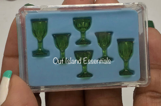 Miniature Stemware Glasses Set Of 6 | Dollhouse Green Cut Glasses I Miniature Doll Glasses I 1:12 Scale Dollhouse Accessories