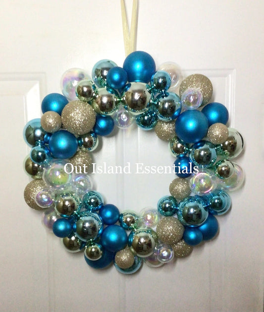 16" Coastal Christmas Wreath, Coastal Colored Ocean Blue Door Wreath