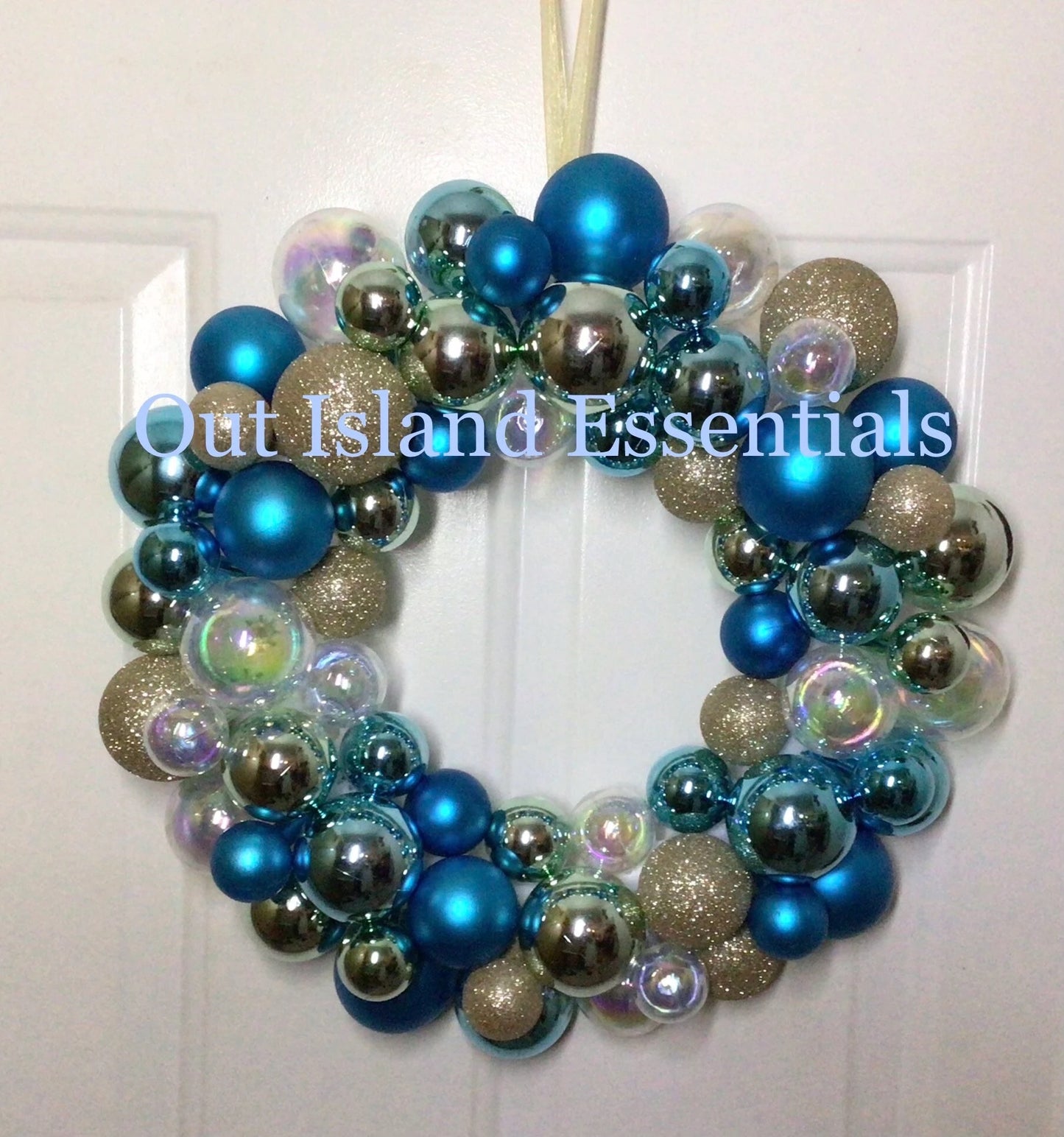 16" Coastal Christmas Wreath, Coastal Colored Ocean Blue Door Wreath