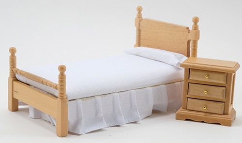 Miniature Oak Twin Bed And Nightstand I Dollhouse Miniature Bedroom Furniture I Miniature 1:12 Scale Bedroom Set