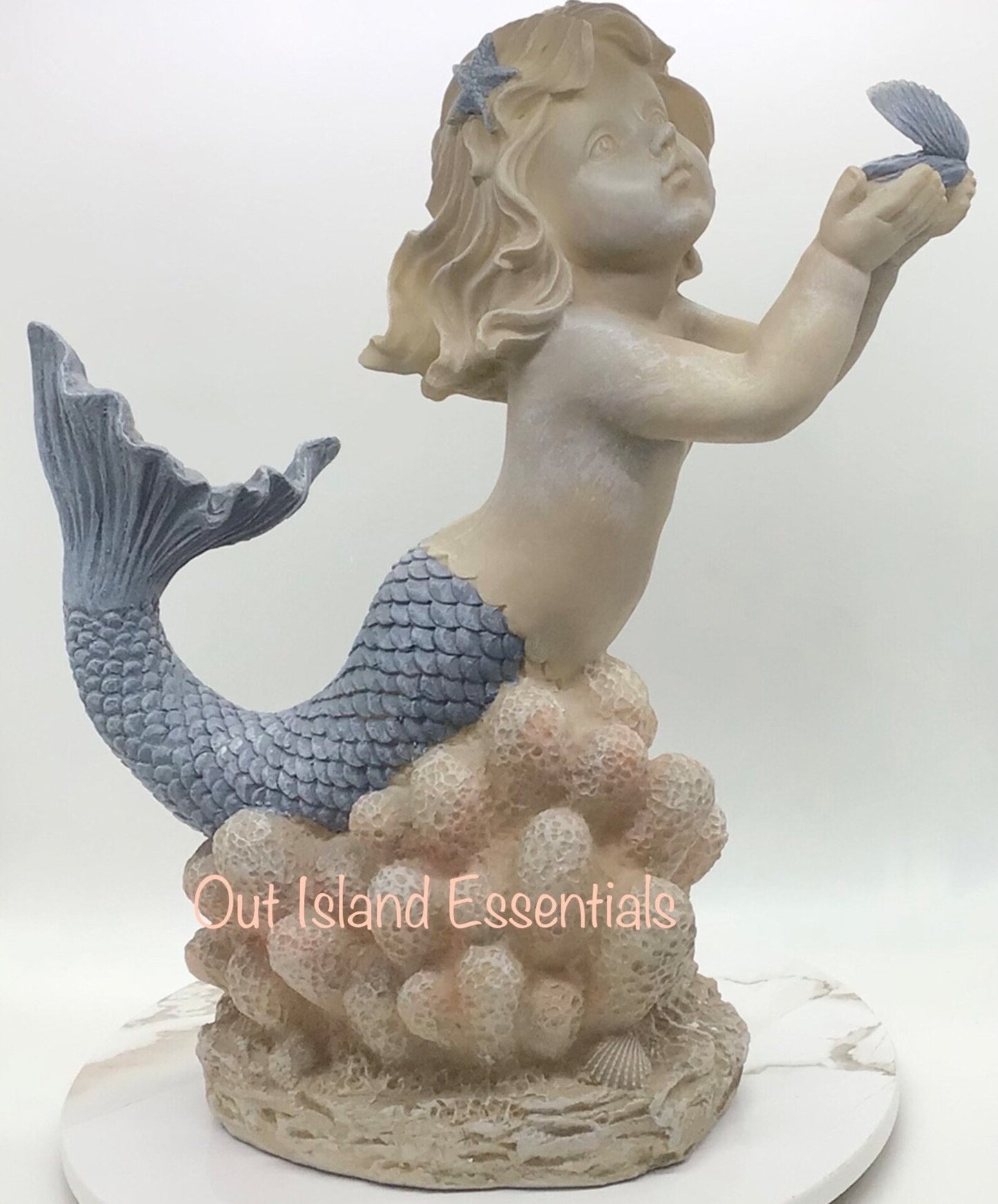 MerGirl Statue, 13 Inches Large Pearl Holding Mermaid, Mermaid On A Coral