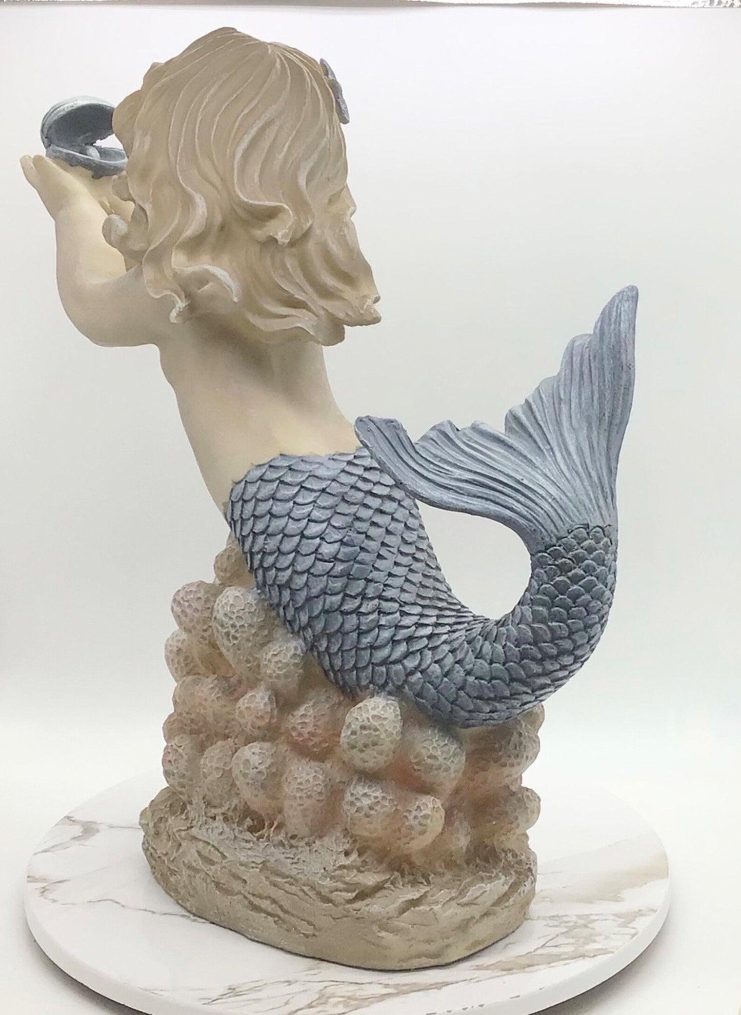 MerGirl Statue, 13 Inches Large Pearl Holding Mermaid, Mermaid On A Coral