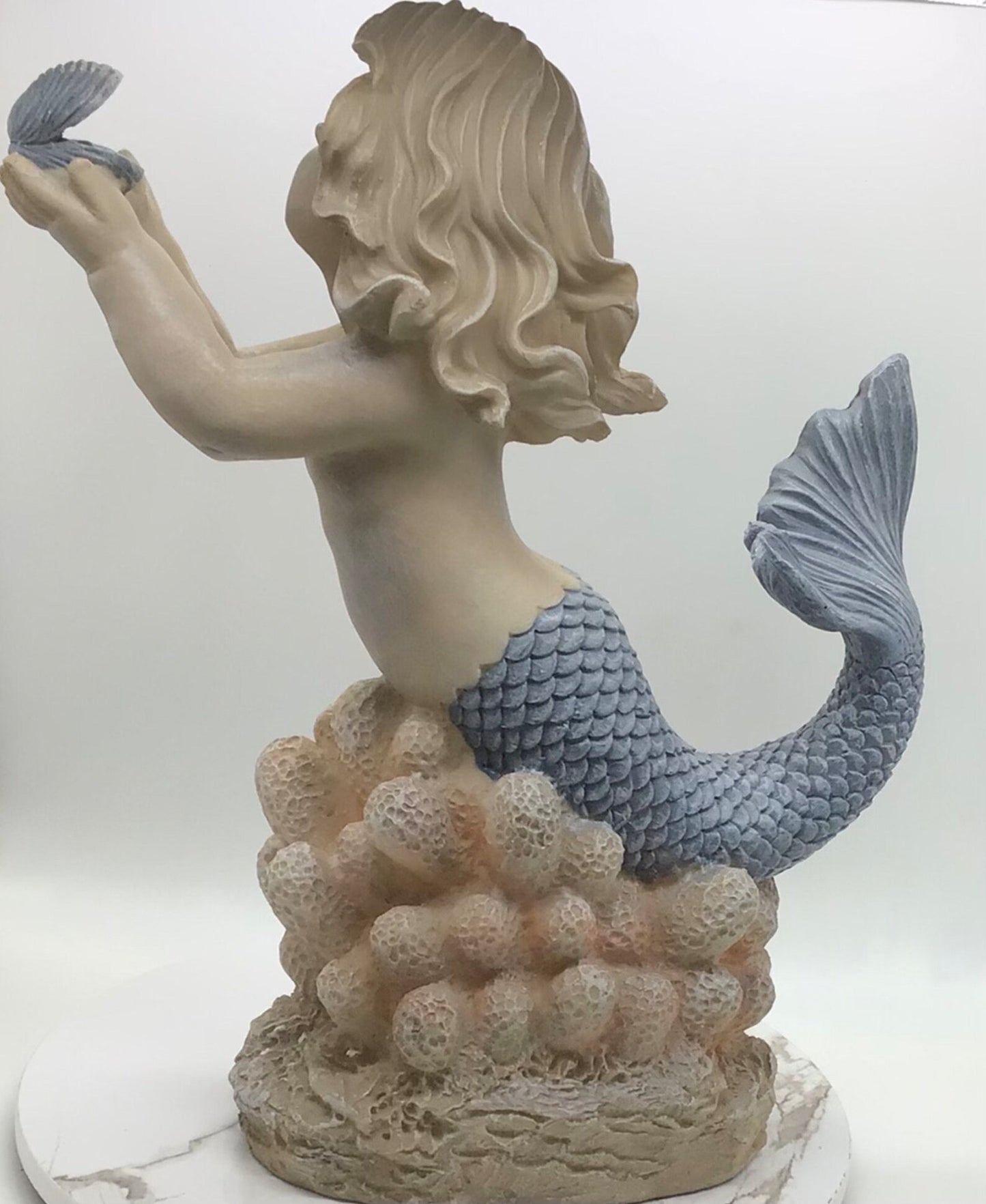 MerGirl Statue, 13 Inches Large Pearl Holding Mermaid, Mermaid On A Coral