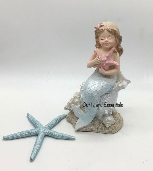 Mermaid Baby Holding Starfish, Little Girl Mermaid Holding Starfish On Shell