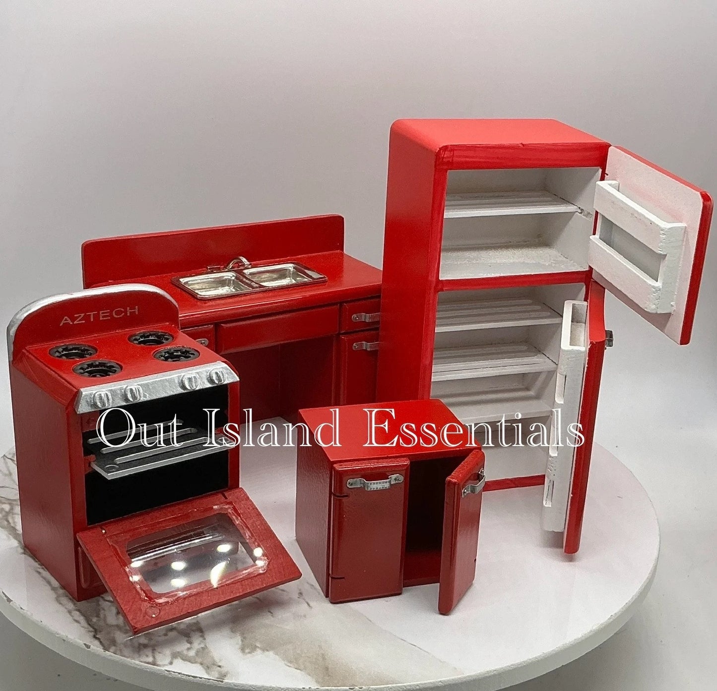 1950's Miniature Dollhouse Red Kitchen, 3pc Dollhouse Miniature Kitchen, Retro Kitchen Diorama