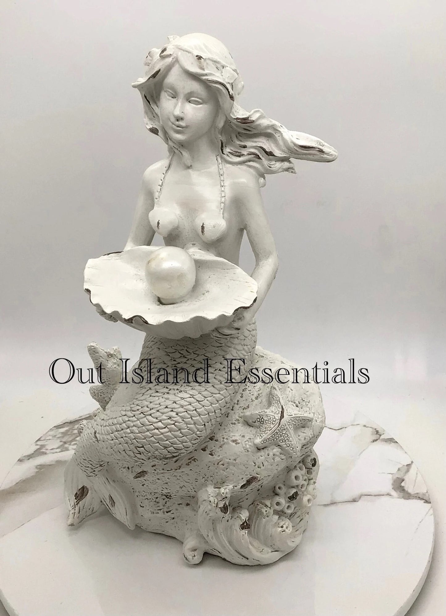 Mermaid With Pearl In A Shell Statue, Mermaid On A Rock