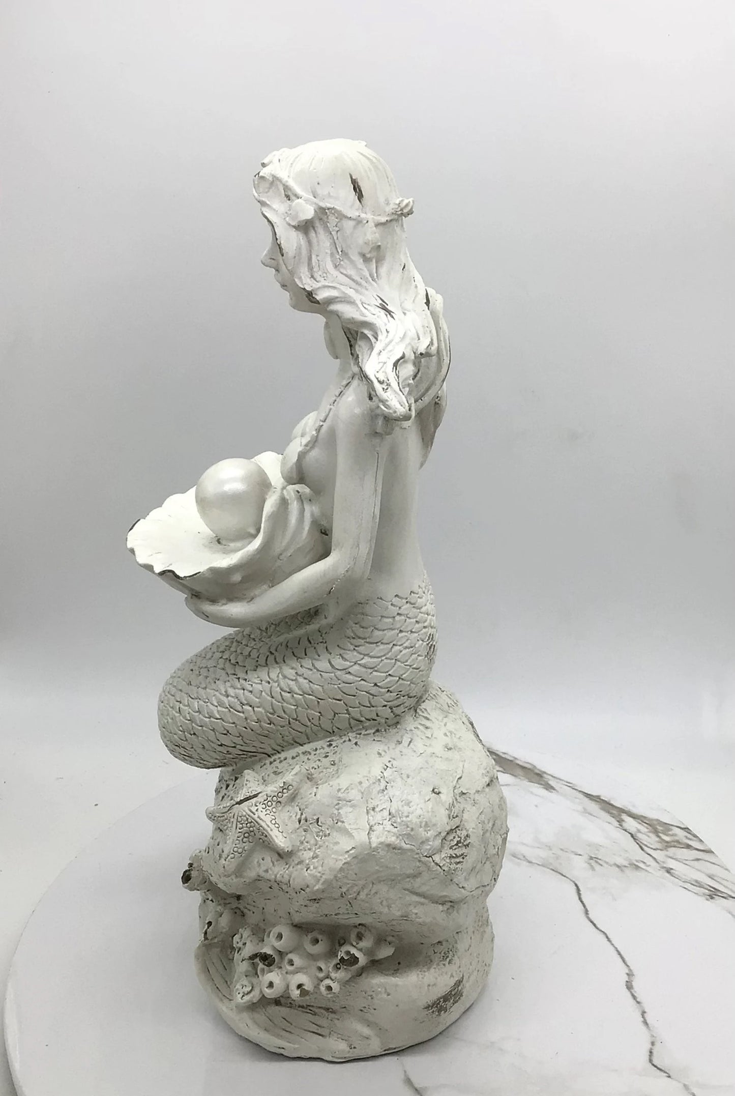 Mermaid With Pearl In A Shell Statue, Mermaid On A Rock