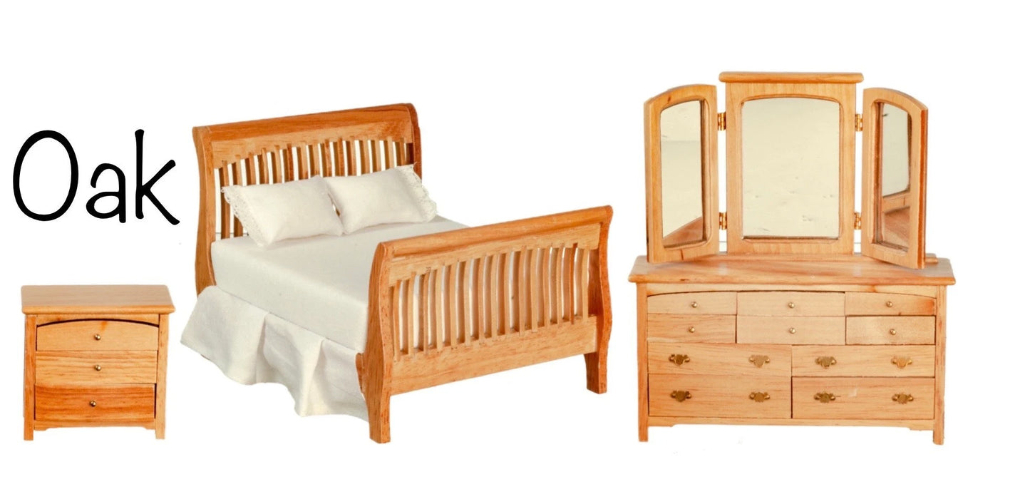 3 Pc. Miniature Wood Slat Bedroom Set  1:12 Scale