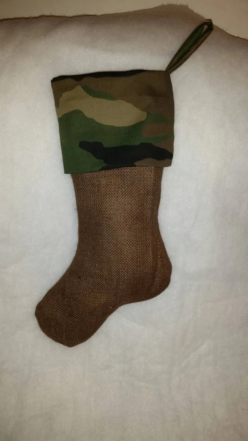 Camouflage Christmas Stocking, Natural Brown Burlap With Camouflage Cuff Christmas Stocking