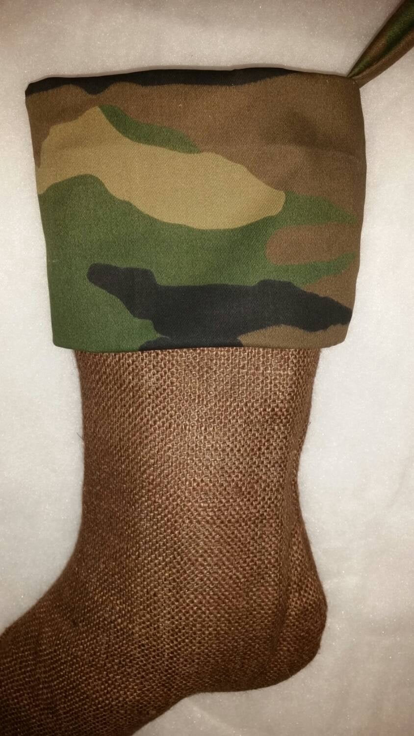 Camouflage Christmas Stocking, Natural Brown Burlap With Camouflage Cuff Christmas Stocking