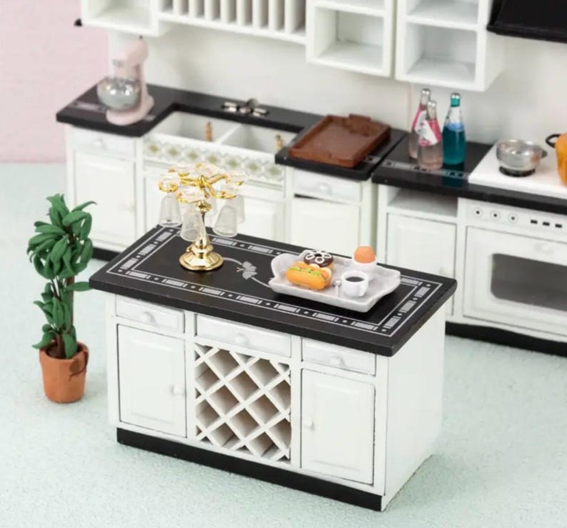 3 Pc Dollhouse Miniature Kitchen, Black And White Dollhouse Kitchen 1:12 Scale