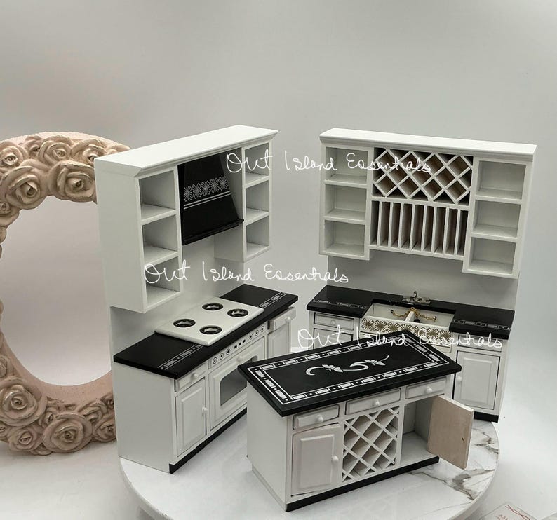3 Pc Dollhouse Miniature Kitchen, Black And White Dollhouse Kitchen 1:12 Scale