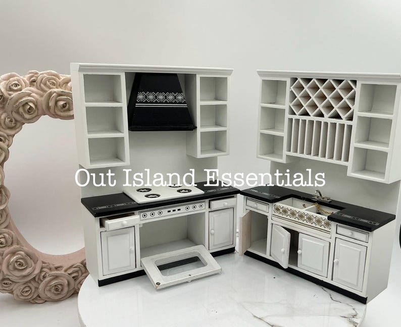 3 Pc Dollhouse Miniature Kitchen, Black And White Dollhouse Kitchen 1:12 Scale
