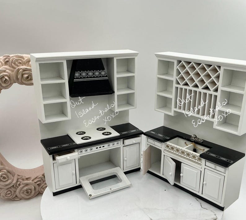 3 Pc Dollhouse Miniature Kitchen, Black And White Dollhouse Kitchen 1:12 Scale