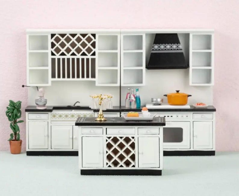 3 Pc Dollhouse Miniature Kitchen, Black And White Dollhouse Kitchen 1:12 Scale