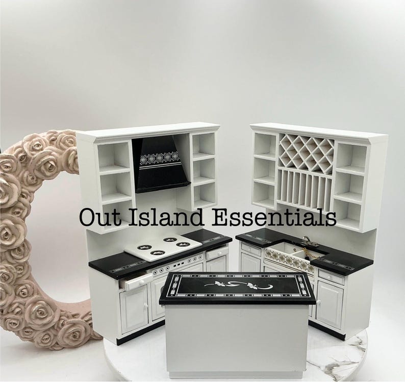 3 Pc Dollhouse Miniature Kitchen, Black And White Dollhouse Kitchen 1:12 Scale