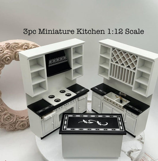 3 Pc Dollhouse Miniature Kitchen, Black And White Dollhouse Kitchen 1:12 Scale