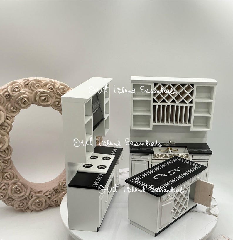 3 Pc Dollhouse Miniature Kitchen, Black And White Dollhouse Kitchen 1:12 Scale