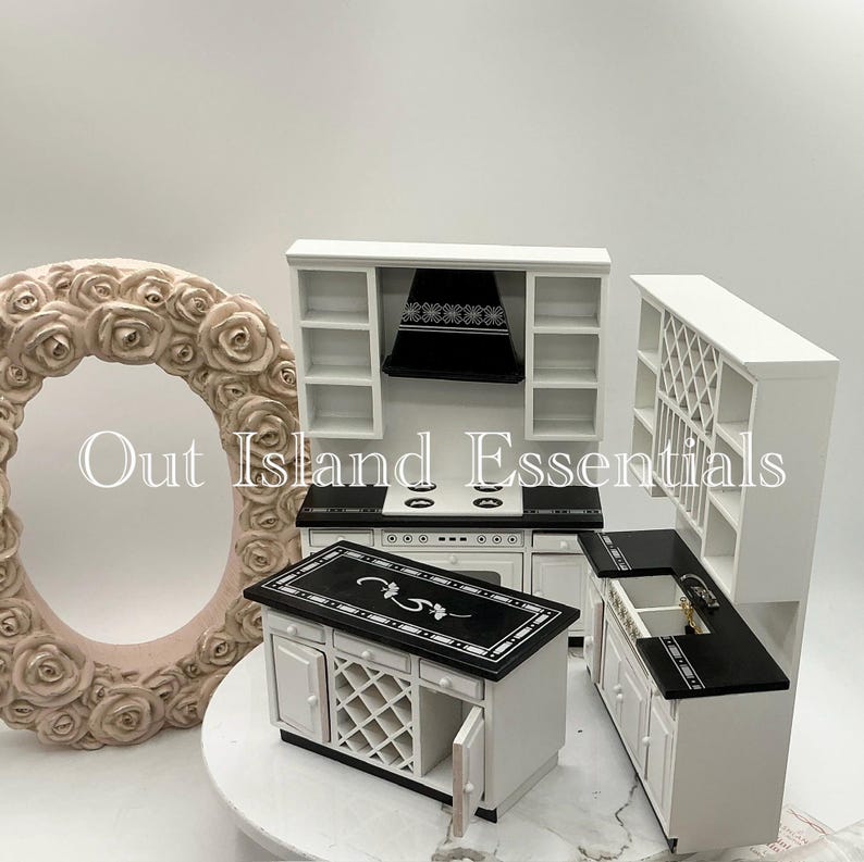 3 Pc Dollhouse Miniature Kitchen, Black And White Dollhouse Kitchen 1:12 Scale