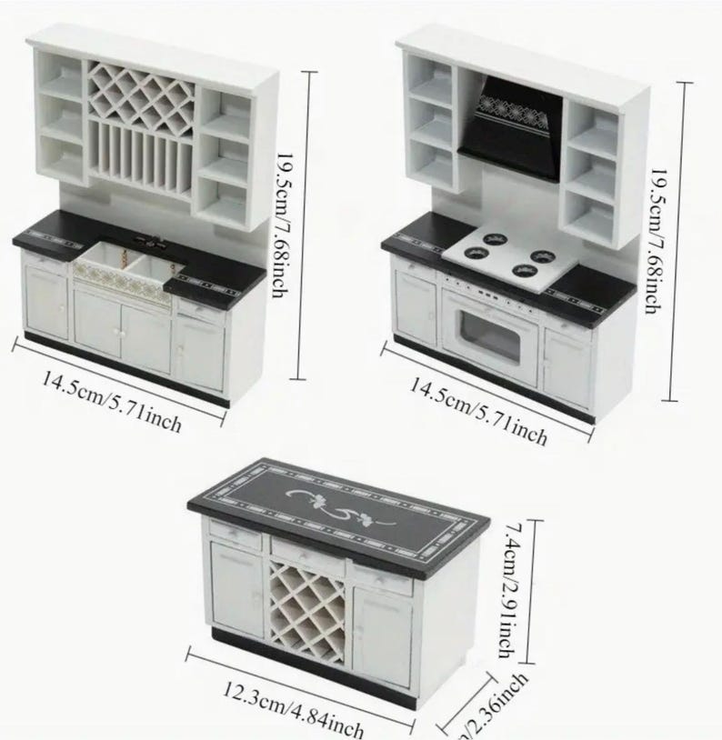 3 Pc Dollhouse Miniature Kitchen, Black And White Dollhouse Kitchen 1:12 Scale