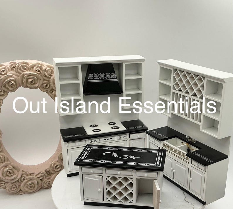 3 Pc Dollhouse Miniature Kitchen, Black And White Dollhouse Kitchen 1:12 Scale
