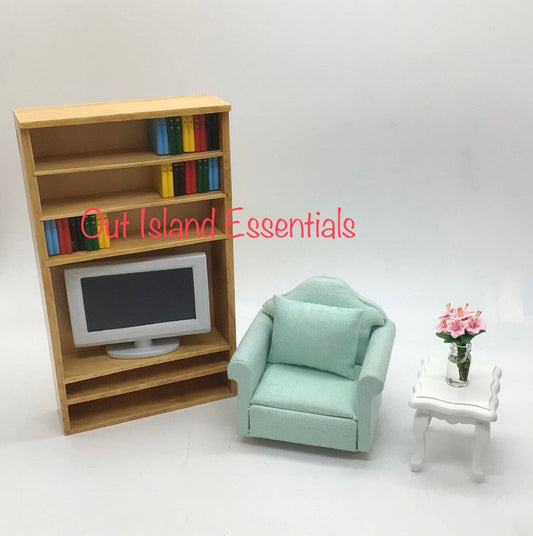 Miniature Book Shelf With T.V. & Books I Miniature Bookcase I Dollhouse Miniature Furniture I Miniature 1:12 Scale Display Bookshelf