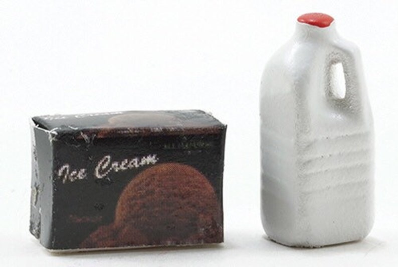 Miniature Milk And Ice Cream | Dollhouse Dessert I Miniature Half Gallon Milk And Ice Cream I Miniature Dollhouse Food I 1:12 Scale