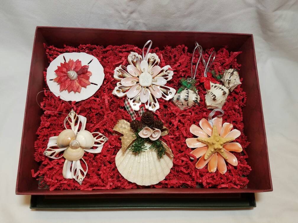 8 Pc Gift Box Assorted Coastal Ornaments I Seashell Christmas Ornament Gift Set I Coastal Gift I Coastal Christmas Gift I Seashell Snowflake