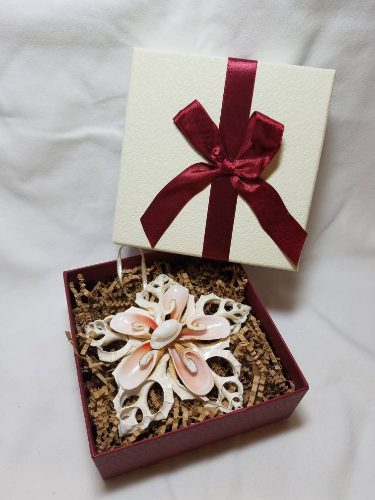 Maroon Bow Gift Box, Ornament Gift Set, Ornament Exchange, Christmas Ornaments, Seashell Christmas Ornament Gift