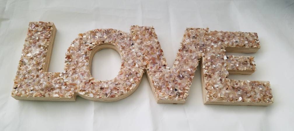 Love Sign I Seashell Sign I Crushed Shell Love Sign I Crushed Shell Love Word I Wood and Shell Wall Hanging