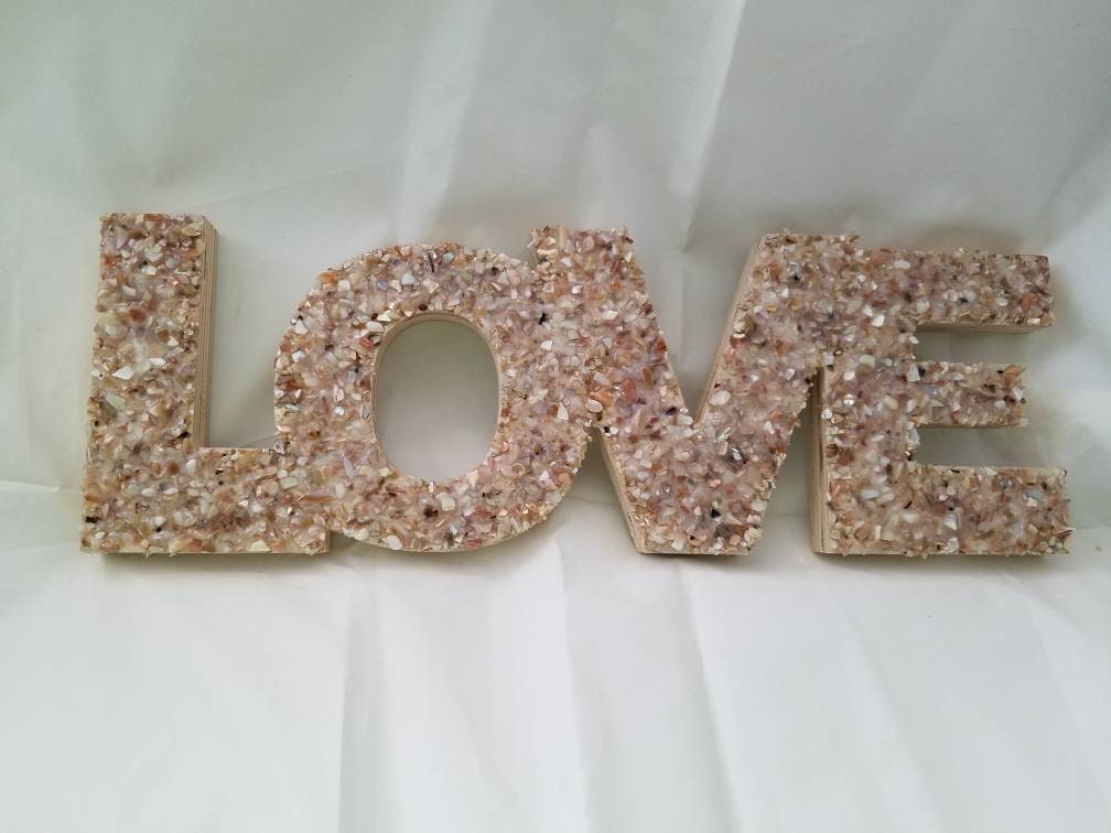 Love Sign I Seashell Sign I Crushed Shell Love Sign I Crushed Shell Love Word I Wood and Shell Wall Hanging