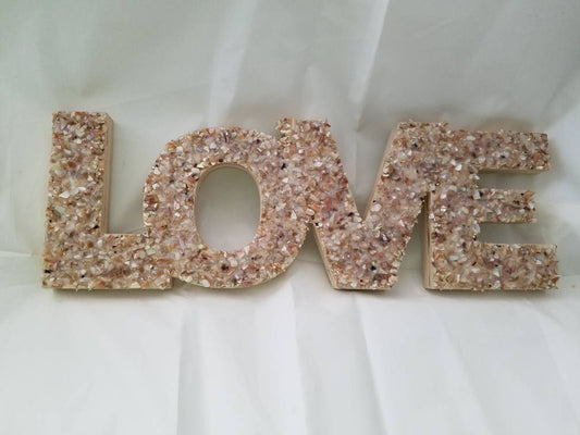 Love Sign I Seashell Sign I Crushed Shell Love Sign I Crushed Shell Love Word I Wood and Shell Wall Hanging