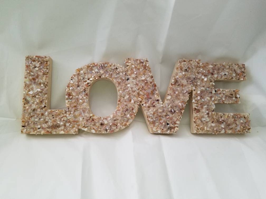 Love Sign I Seashell Sign I Crushed Shell Love Sign I Crushed Shell Love Word I Wood and Shell Wall Hanging