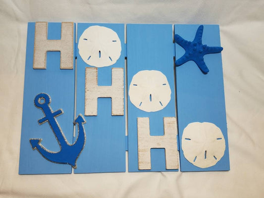 Blue Ho Ho Ho Sign, Coastal Christmas Decor Sign, Coastal Bathroom Decor, Beach Cottage Sign, Seashell Sign, Coastal Cottage Decor