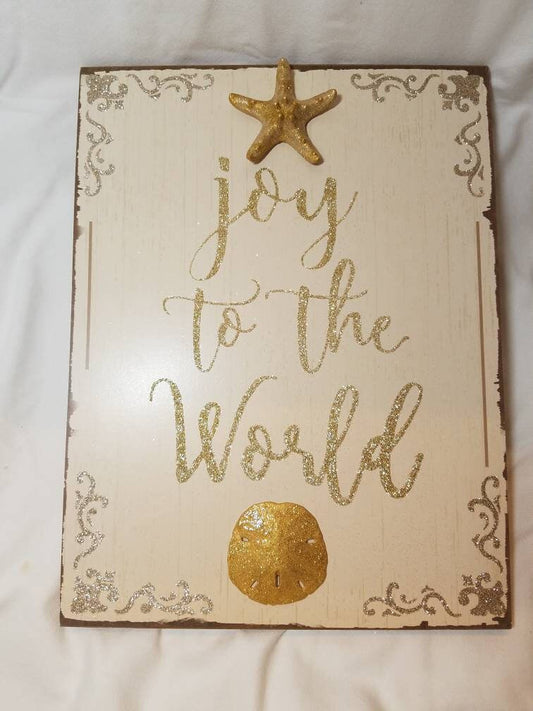 Joy To The World, Beach Sign, Pool Decor, Coastal Bathroom Decor, Beach Cottage Wall Sign, Florida Room Accent, Shell Sign, Seashell Sign