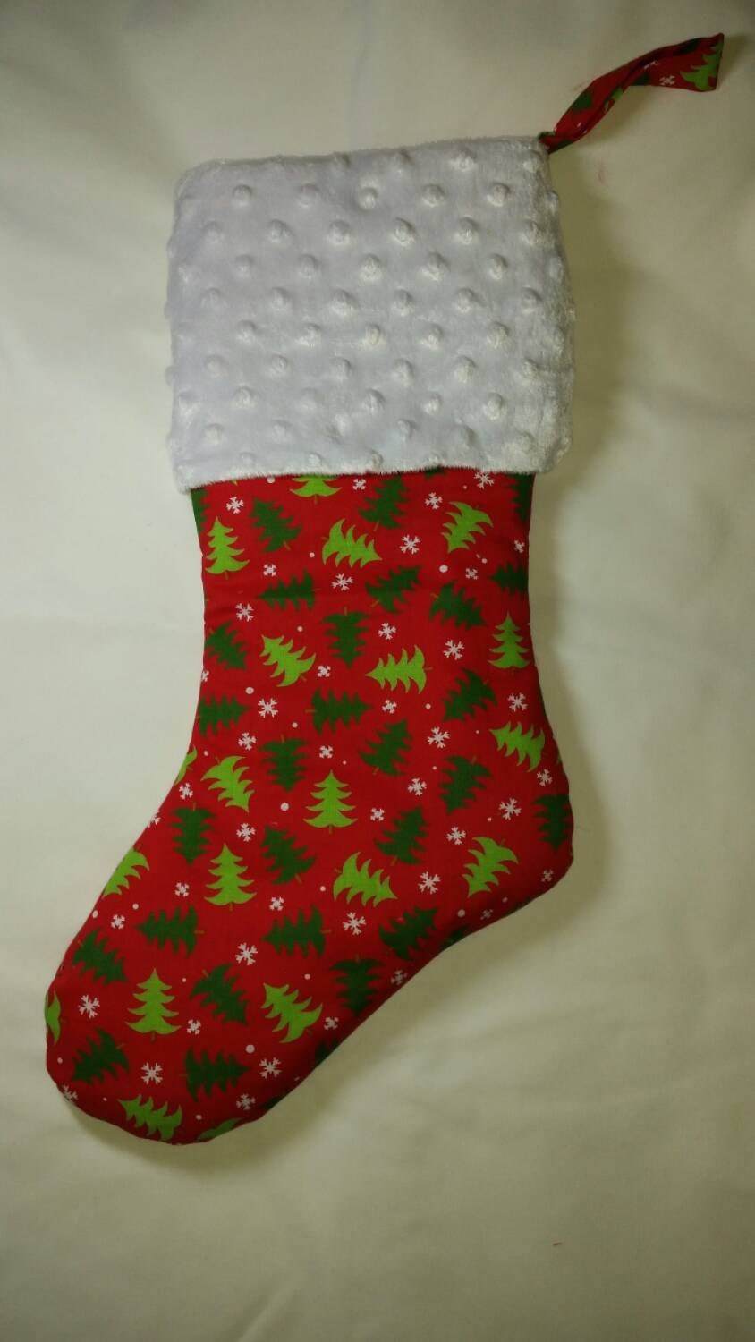 Sale 50% Off Christmas Stocking, Handmade Christmas Stocking, Red Christmas Stocking, Christmas Trees and Snowflakes Christmas Stocking