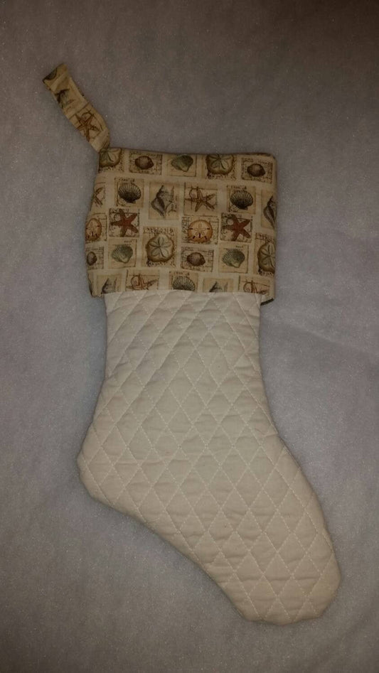 Quilted Seashell Christmas Stocking with Seashell Cuff I Seashell Stocking I Coastal Cottage Decor I Shell Christmas Stocking