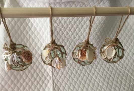 Glass Float I Coastal Ornament I Coastal Cottage I Glass Buoy Ornament I Seashell Ornament I Net Glass Float Ornament I Nautical Ornament