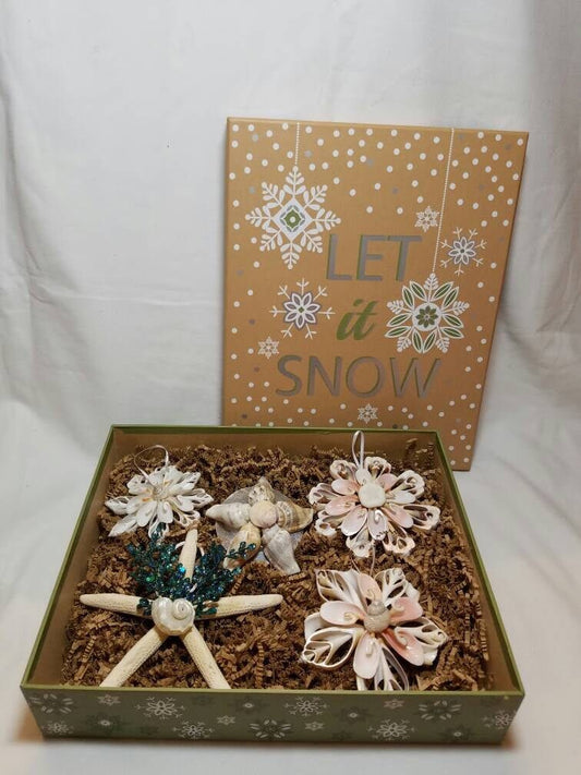 5 Pack Gift Box of Assorted Christmas Ornaments I Seashell Snowflakes I Seashell Christmas Ornament Gift I Coastal Gift I Seashell Ornaments