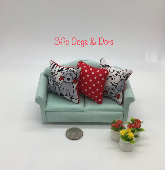 2 or 3 Pc. Dollhouse Miniature Cute Handmade Dog Pillows 1:12 Scale