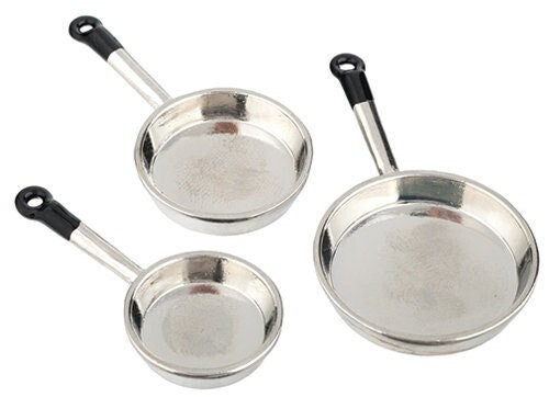 3 Pcs. Dollhouse Silver Frying Pans I Miniature Doll Pans I Miniature Dollhouse Cooking Pans I 1:12 Scale Dollhouse Cooking Accessories