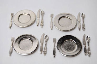 16 Pc. Miniature Silver Plate Set, Dollhouse Silver Dishes 1:12 Scale